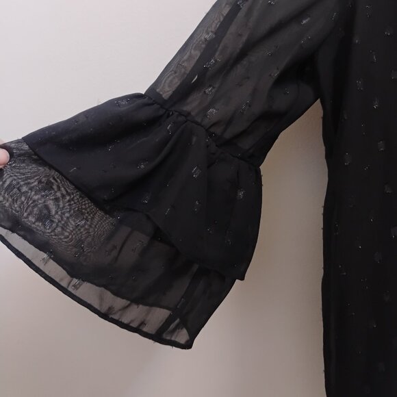 Byer M Black Sheer Chiffon Blouse Metallic Dot Pattern Open Shoulder Tiered Bell - Picture 2 of 10